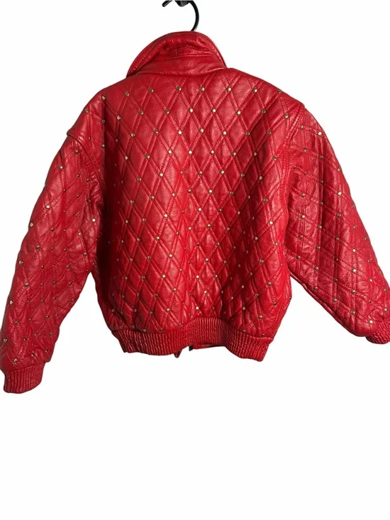 Genuine Italian Leather Kids Quilted Red Studded Bomber Jacket L 7