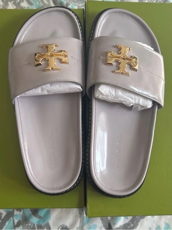 Tory Burch Pale Mauve Logo Slide Sandals