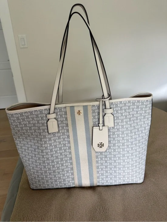 Tory Burch Cream Tote with Light Blue Center Stripe and Logo Print