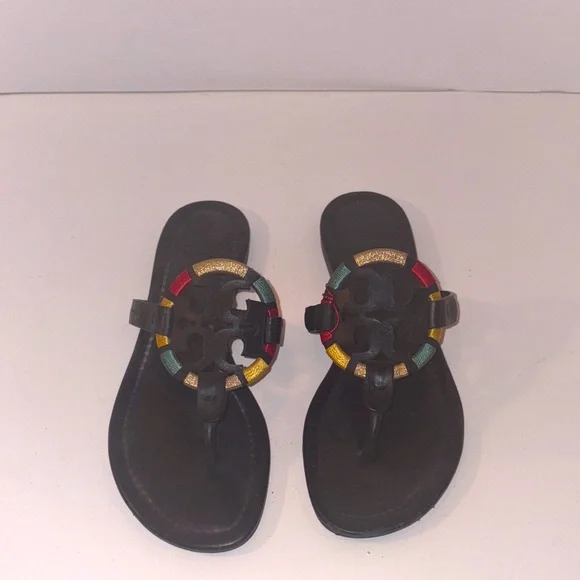 Colorful Tory Burch Miller Logo‎ Black Sandals 9.5