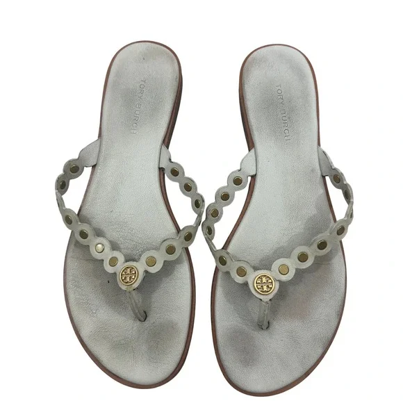 Tory Burch Womens Gold Logo Metallic Leather Scalloped Studded Flip Flop Sandals