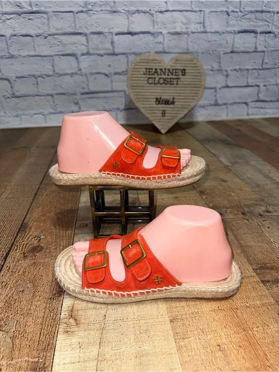 Tory Burch Two Band Flat Espadrille Suede Slide Sandal in Bright Samba 7.5
