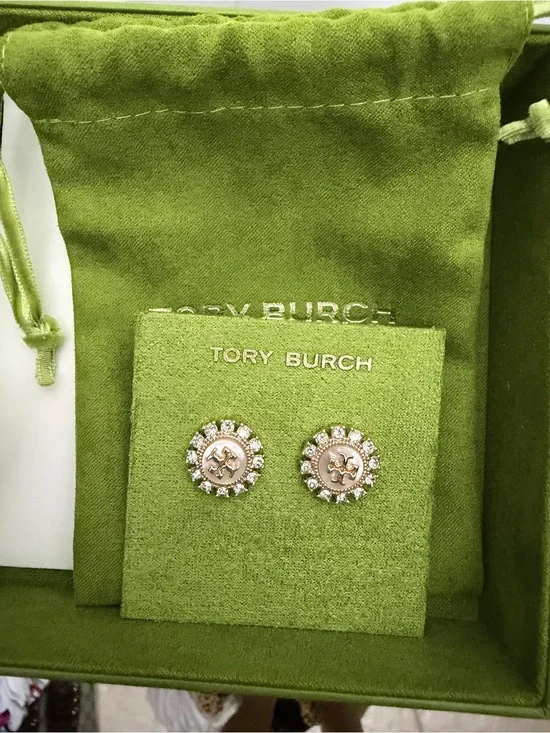 Tory Burch Gold Logo Kira Crystal Stud Earrings with Green Card