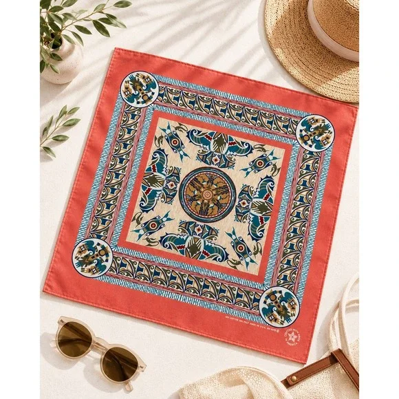 Vintage Southwestern Bandana Coral Geometric Tribal Print Made in‎ USA 21x22