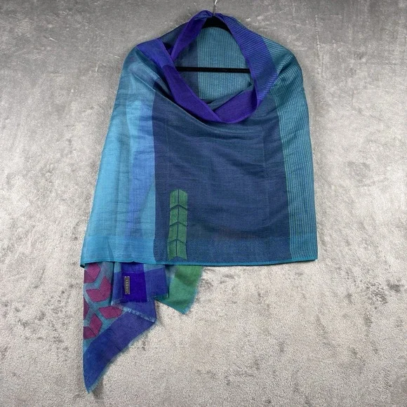 Sadhu Scarf Shawl Wrap Silk Wool Geometric Sheer Hand Woven Blue‎ Green Purple