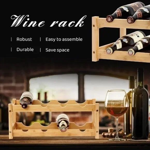 Countertop Standing 8 Wine Bottle Holder Rack Wooden 2 Tier