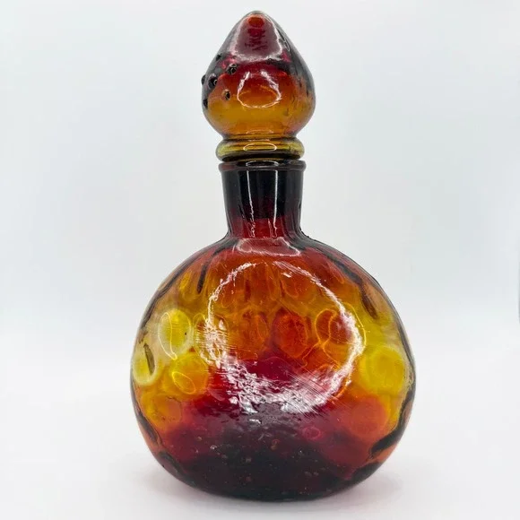 Vintage Amberina Glass Decanter Bottle Stopper Art‎ Glass Handblown Rustic Optic