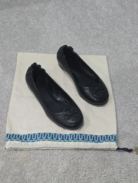 Tory Burch Black Leather Logo Ballet Flats