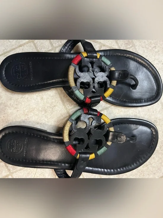 Tory Burch Black Leather Logo Thong Sandals with Red, Yellow & Green Accents