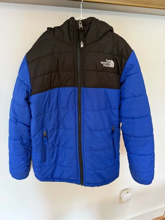 The North Face Kids Royal Blue and Black Hooded Reversible Puffer Jacket