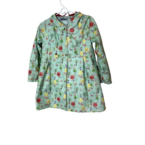 Disney Rain Coat Girls 9-10 Green Snow White Hooded Princess Print Zip‎ Lined