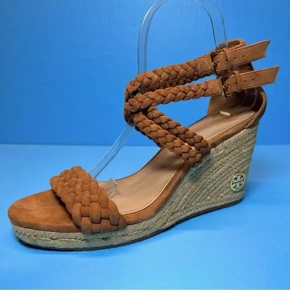 Tory Burch Bailey Braided Ankle SOHO Lux Suede Espadrille Wedge Sandals Womens 9