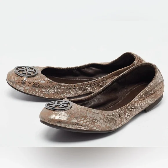 TORY BURCH Minnie Reva Flat Metallic Silver Heidi Ballet Logo‎ Leather Shoe 8.5