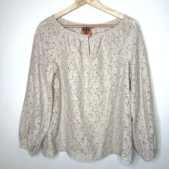 Tory‎ Burch Lace Blouse Top 10 Beige Neutral Cottage Whimsical Coastal Peasant