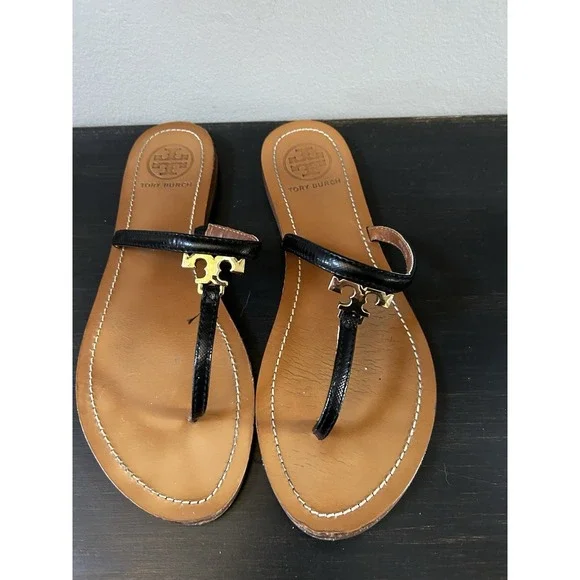 Tory Burch US 7.5 Black Leather Gold T‎ Logo Thong Flip Flop Sandal Shoes