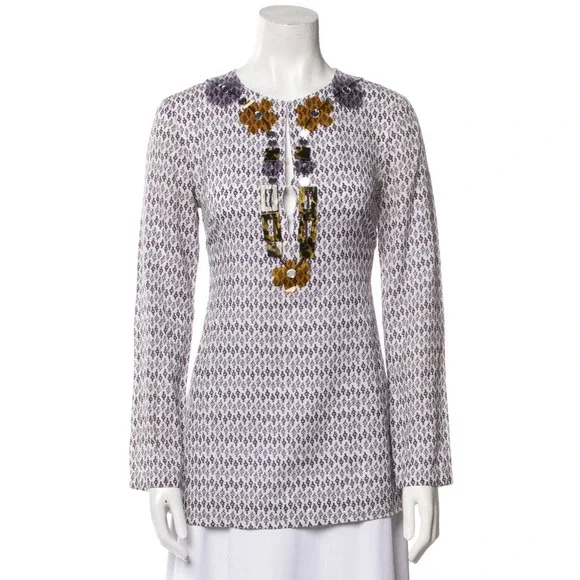 Tory Burch Sz 6 Printed Cotton And‎ Silk V Neck Tunic Top Purple Beaded Neckline