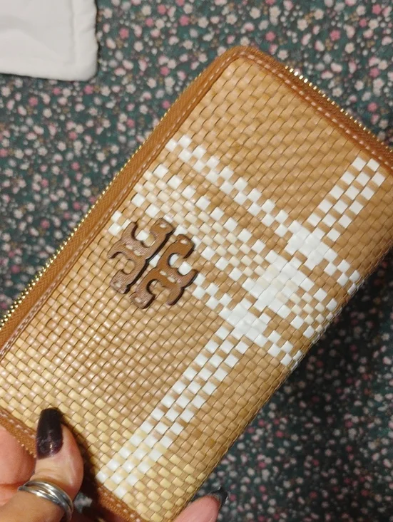 Tory Burch Tan and White Woven Zip Wallet And Card Holder On A Chain