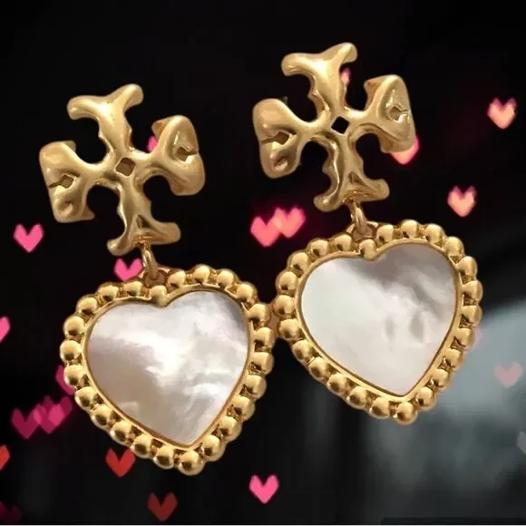 TORY BURCH ROXANNE MOTHER OF PEARL HEART DANGLE EARRINGS