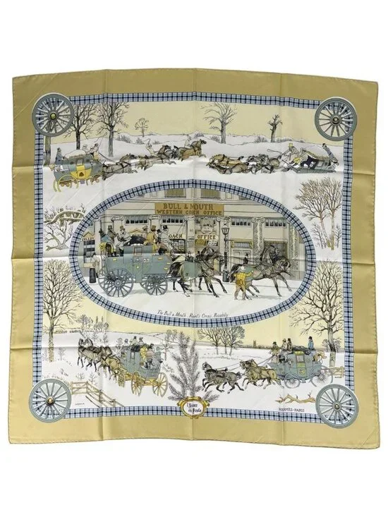 Hermes Carre 90 Lhiver en Poste Scarf Winter Mail Carriage Silk White Multicolor