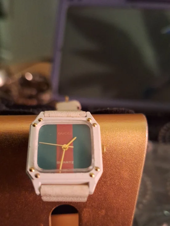Gucci White Watch with Green and Red Striped Dial