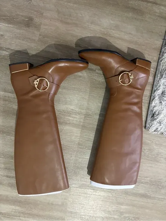 Tory Burch Brown Tall Leather Riding Boots with Gold Buckle