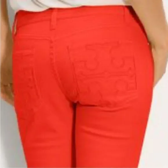 Tory Burch Large Logo Stitch Back Pocket Crop Jeans 31 Orange