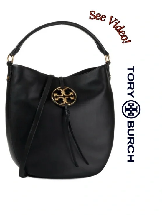 Tory Burch Miller Metal-Logo Slouchy Hobo in Butter-Soft Black Leather MSRP $578