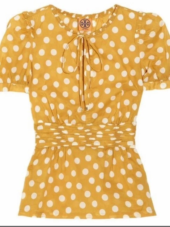 Tory Burch Yellow Polka Dot Peplum Blouse 100% Cotton Size 4