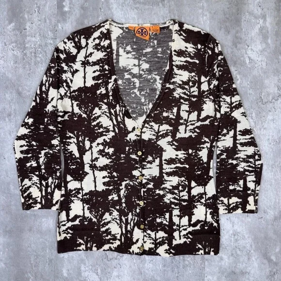 Tory Burch Merino Wool Cardigan‎ Sweater Womens M Abstract Print Button Front