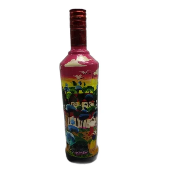 Hand painted Smirnoff Bottle Village Scene Mexican Folk Art Work Barware