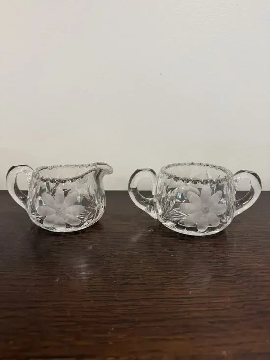 Vintage Cut Glass Crystal Clear Creamer and Sugar Bowl with Etched Flowers
