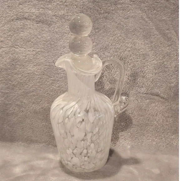 Vintage‎ White Confetti Spatter Hand Blown Glass Cruet Decanter with Stopper