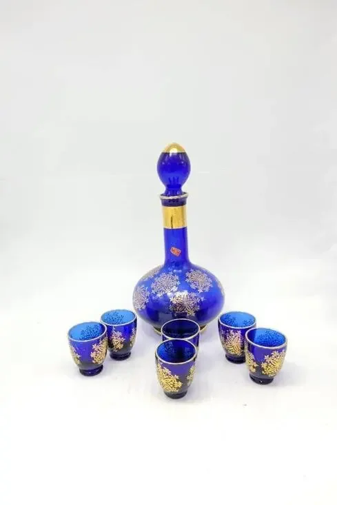 Vintage Cobalt Blue Glass Decanter Set Gold Floral Cordial Liqueur Shot Glasses