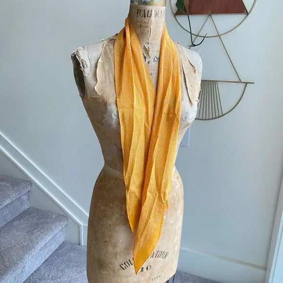 Vintage ECHO Oblong 100% Silk Scarf in Golden Color with Tiny Flower Details