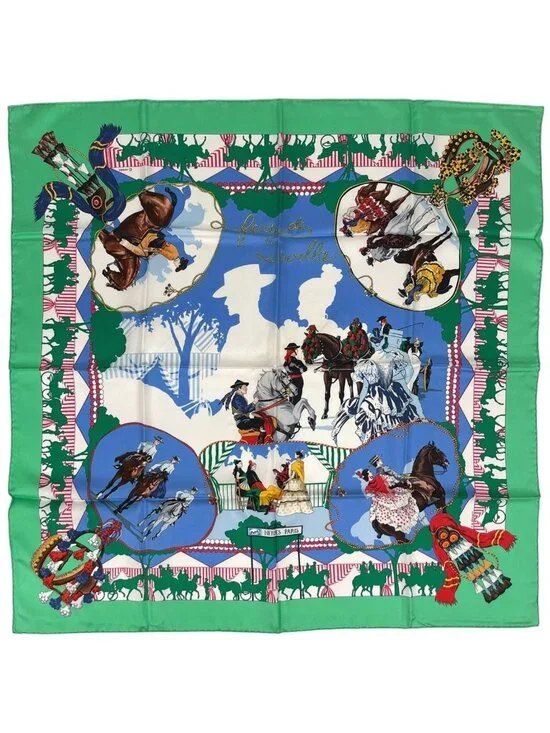 Hermes Carre 90 Feria de Sevilla Scarf Seville Holiday Silk Green Blue Multicolo