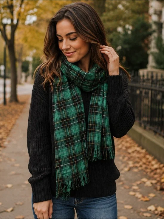 Green Plaid Fringe Scarf Lightweight Tartan Wrap 54x9