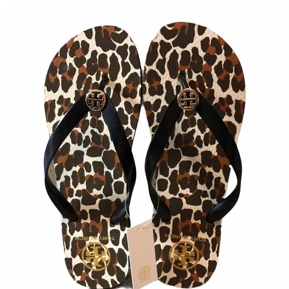 Tory Burch Black Leopard print Flip Flops