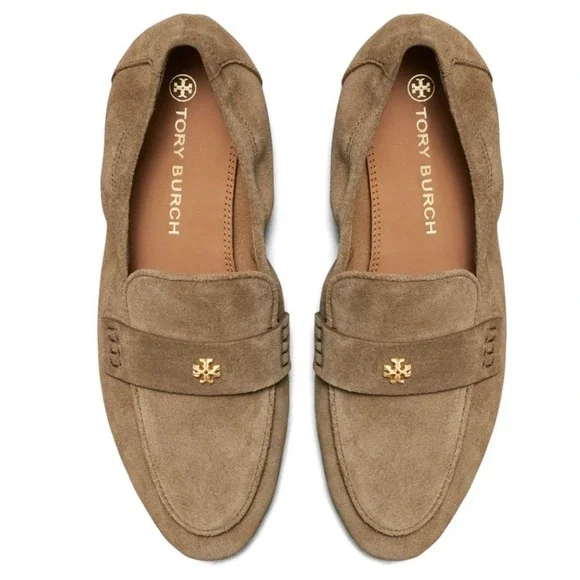 Tory Burch Ballet Loafer River Rock Size 8M 87258 Driving Shoes Suede Gold Logo