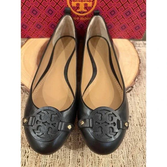 Tory Burch Women's Mini Miller Logo Matte Black Leather Flats Size US 8M