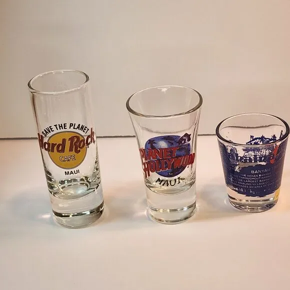 Vintage Maui Hawaii Shot Glass Lot - Hard Rock Cafe & Planet Hollywood Shooters