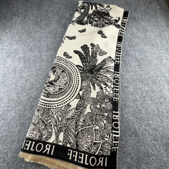 Black White Tropical Butterfly Faux Cashmere Scarf Medallion Print Fringe Wrap