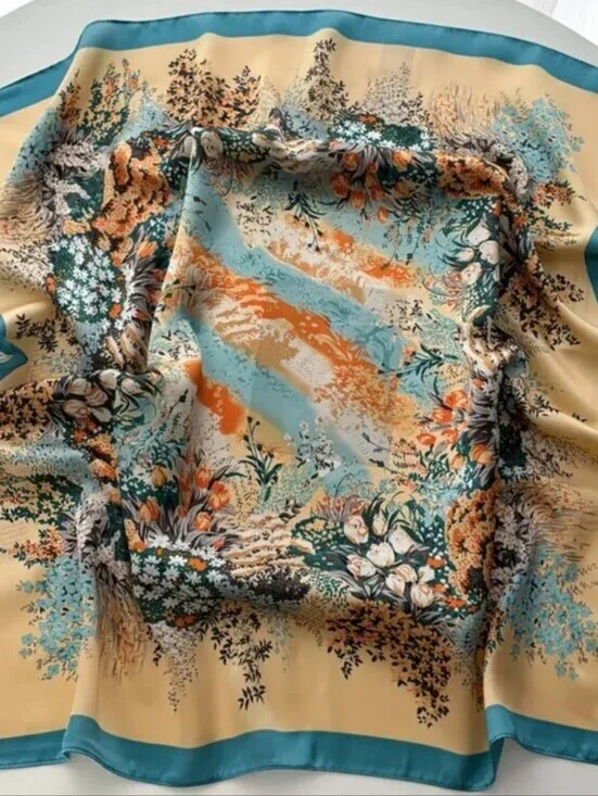 Silk-feel Floral Meadow Women's Scarf in Teal and Cream Head& Neck Scarf