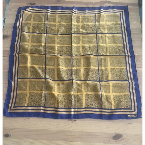 Vintage Jaeger 100% Silk Scarf Blue Gold Geometric Check Plaid Italy 25x26
