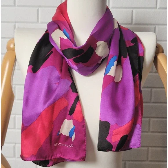Vintage 1990s Echo Silk Scarf Purple Abstract Modernist Oblong Puffy Edge