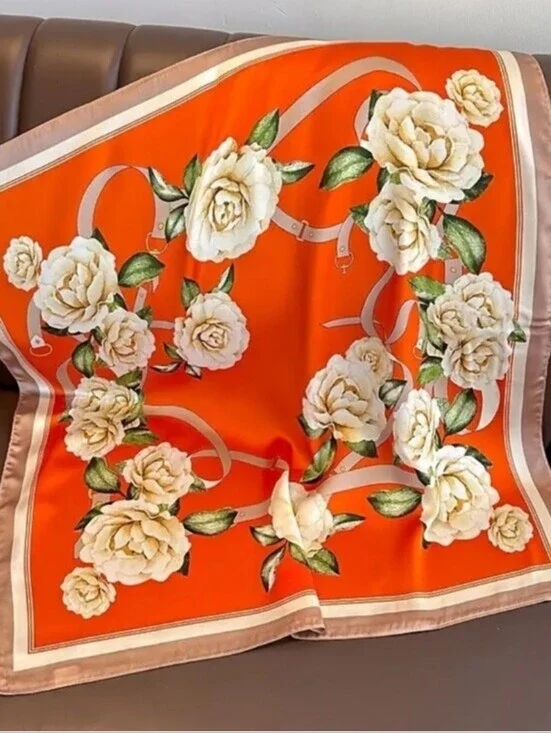 Silk-feel Floral  Scarf with Cream Roses on Orange Head & Neck Scarf