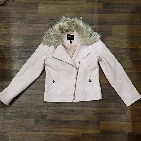 Jessica Simpson Pink Girls Tween Faux Leather Moto Jacket Removable Hood M 10-12