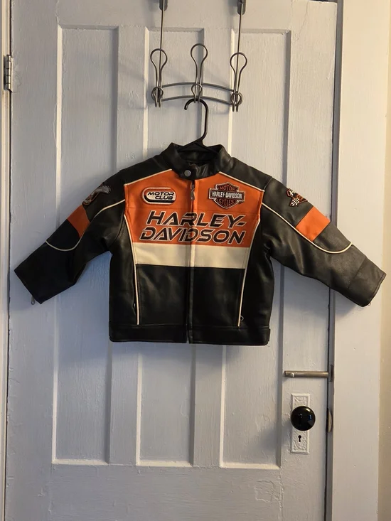 Harley-Davidson Kids Faux Leather Racing Jacket | Black Orange Motorcycle Coat |