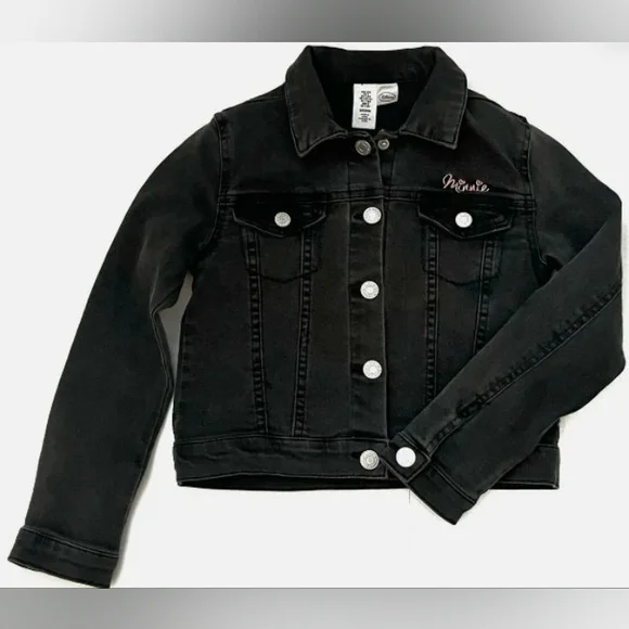 H&M Disney Minnie Washed Denim Jacket Black Long Sleeve Embroidered Size 8
