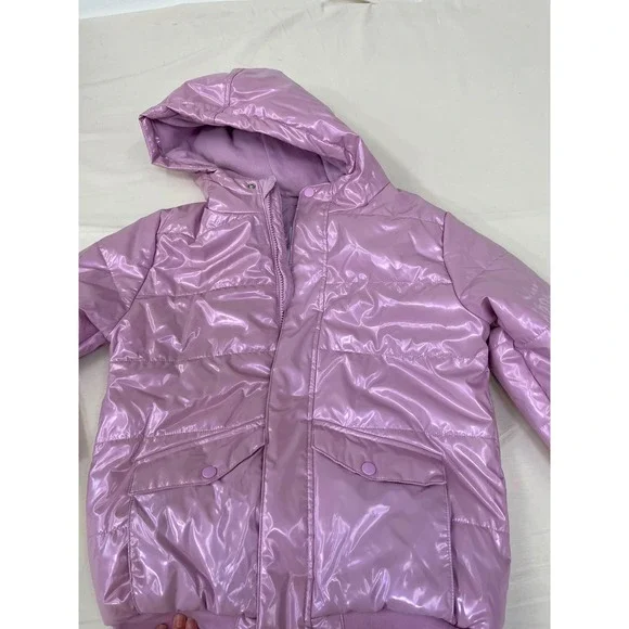 Cat & Jack Girls Metallic Lavender Puffer Jacket Hooded Fleece Lined Size L