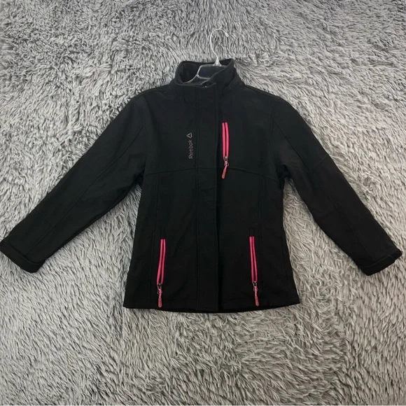 Reebok Jacket Girls Medium Black Pink Rain Resistant Pockets Fleece Lined